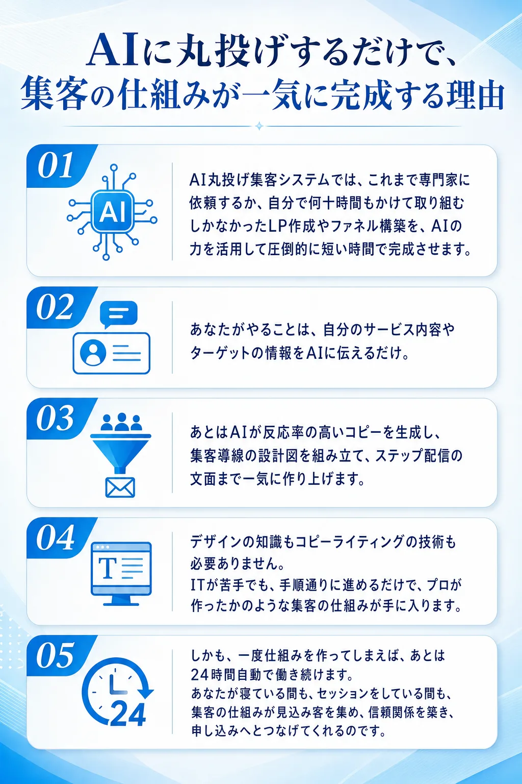 AIに丸投げするだけで、集客の仕組みが一気に完成する理由 AI丸投げ集客システムでは、 これまで専門家に依頼するか、 自（全文は画像内に記載）